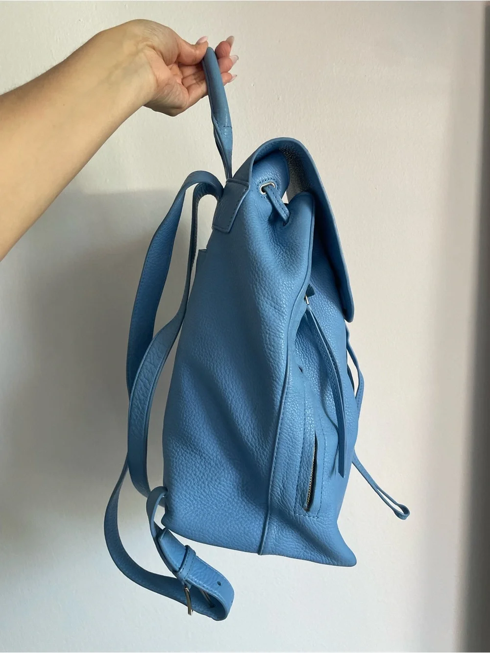 Tory Burch Sky Blue Pebbled Leather Drawstring Backpack